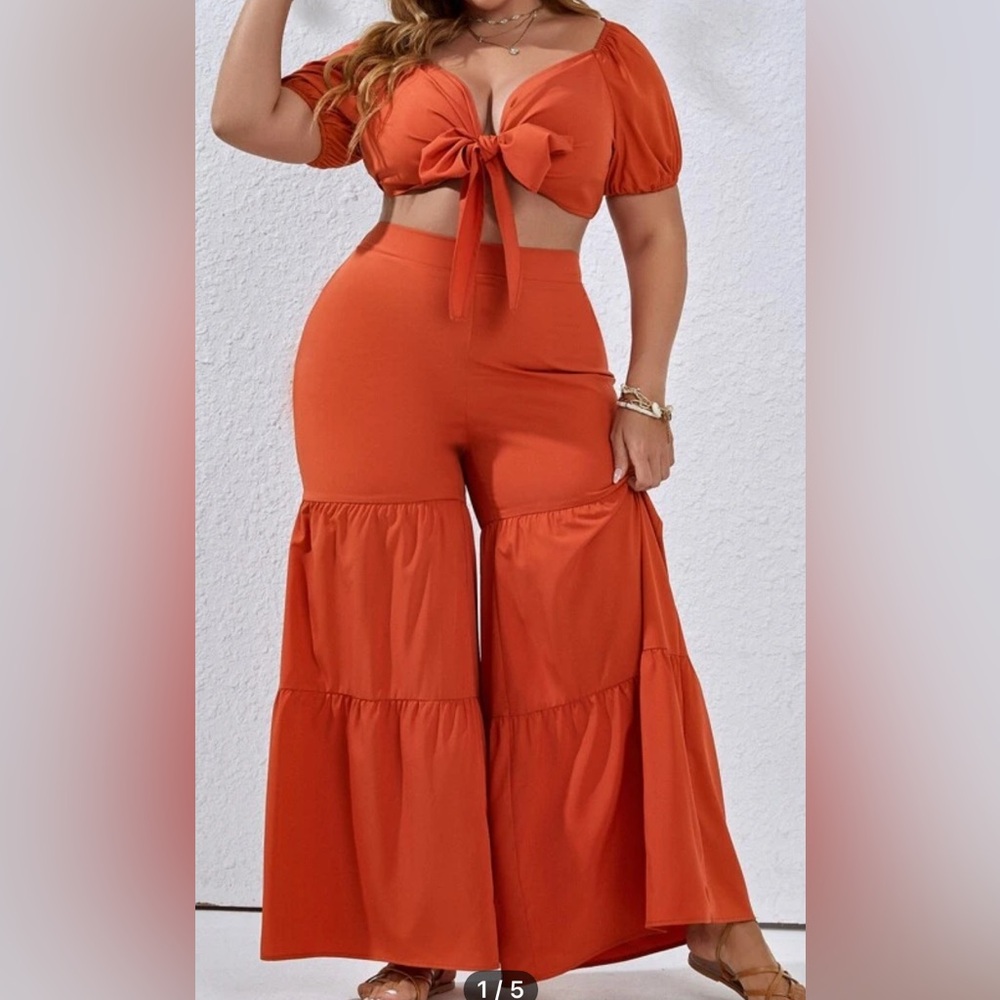 Women's Orange Flared Pants and crop top set